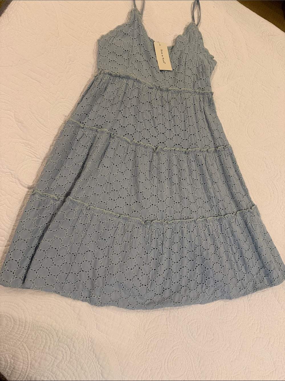 Light Blue Eyelet Tiered Spaghetti-Strap Dress
